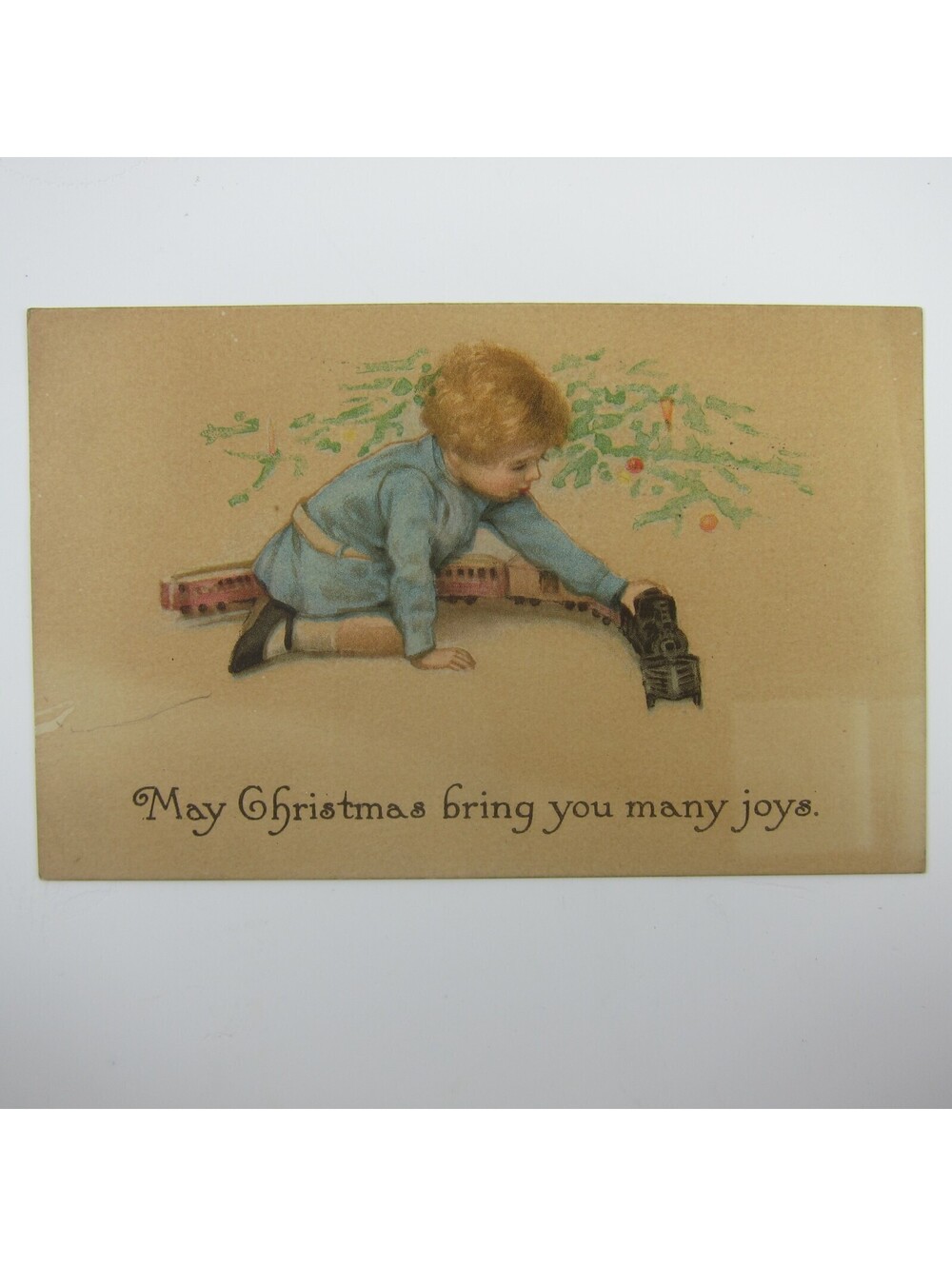 Christmas Postcard Blonde Boy Blue Sailor Suit Plays with Train Antique 1917